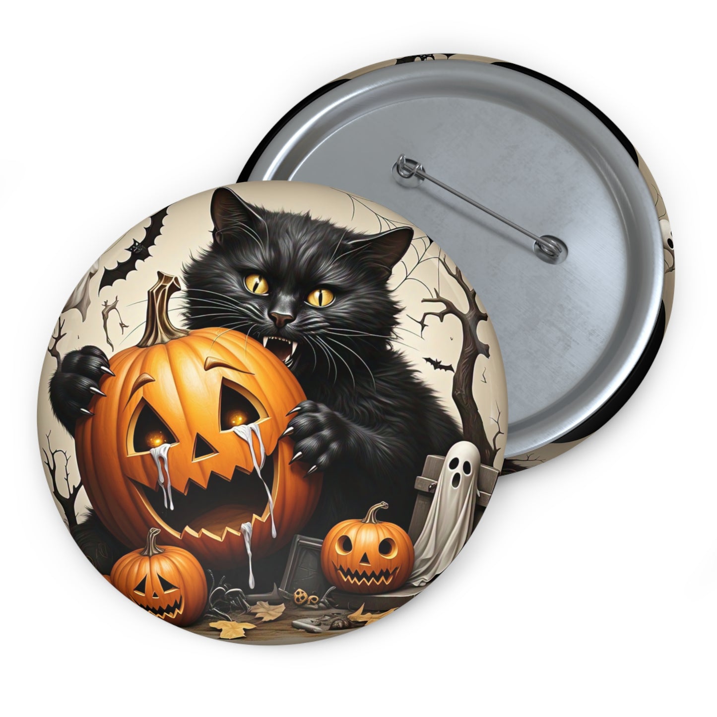 Jack-O-Lantern Pin Button,Black Cat Brooch,Halloween Accessory,Spooky Gift,Ghost