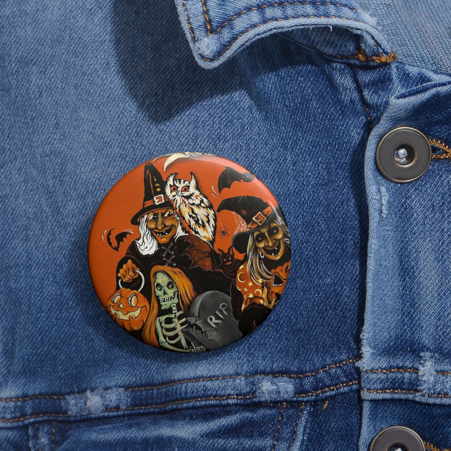 Vintage Halloween Witch Pumpkin Skeleton Pin Button,spooky,Accessories,Retro,boo
