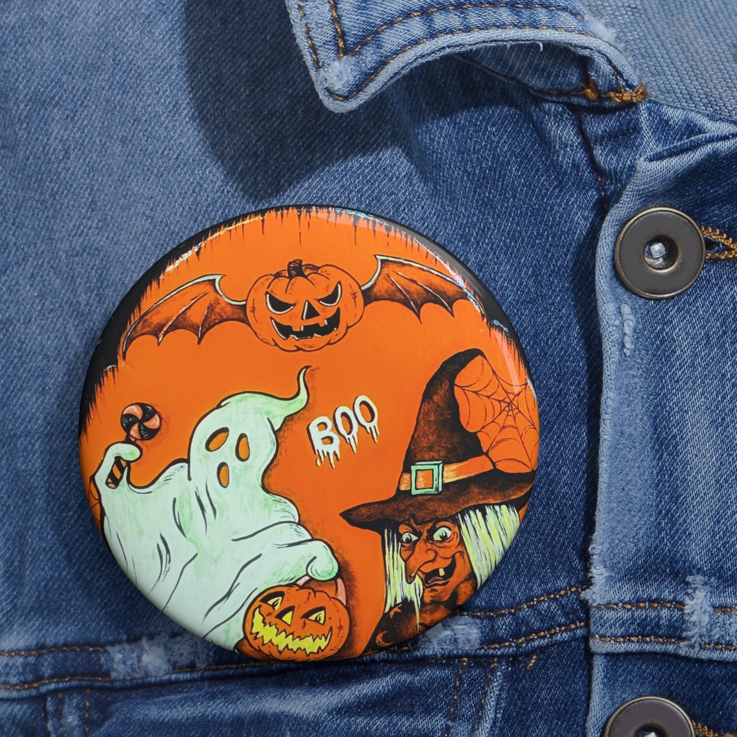 Classic Halloween Art,Pin Button,Spooky,Halloween collectible,Pumpkin,Witch,Boo