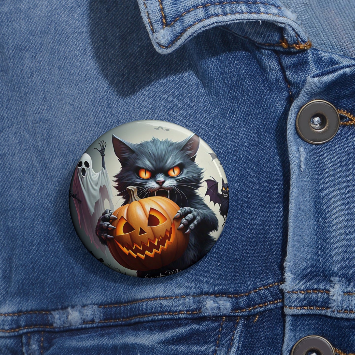 Haunted Pins,Spooky Cute Black Cat Button,Halloween Brooch,Accessory,hallow,Boo