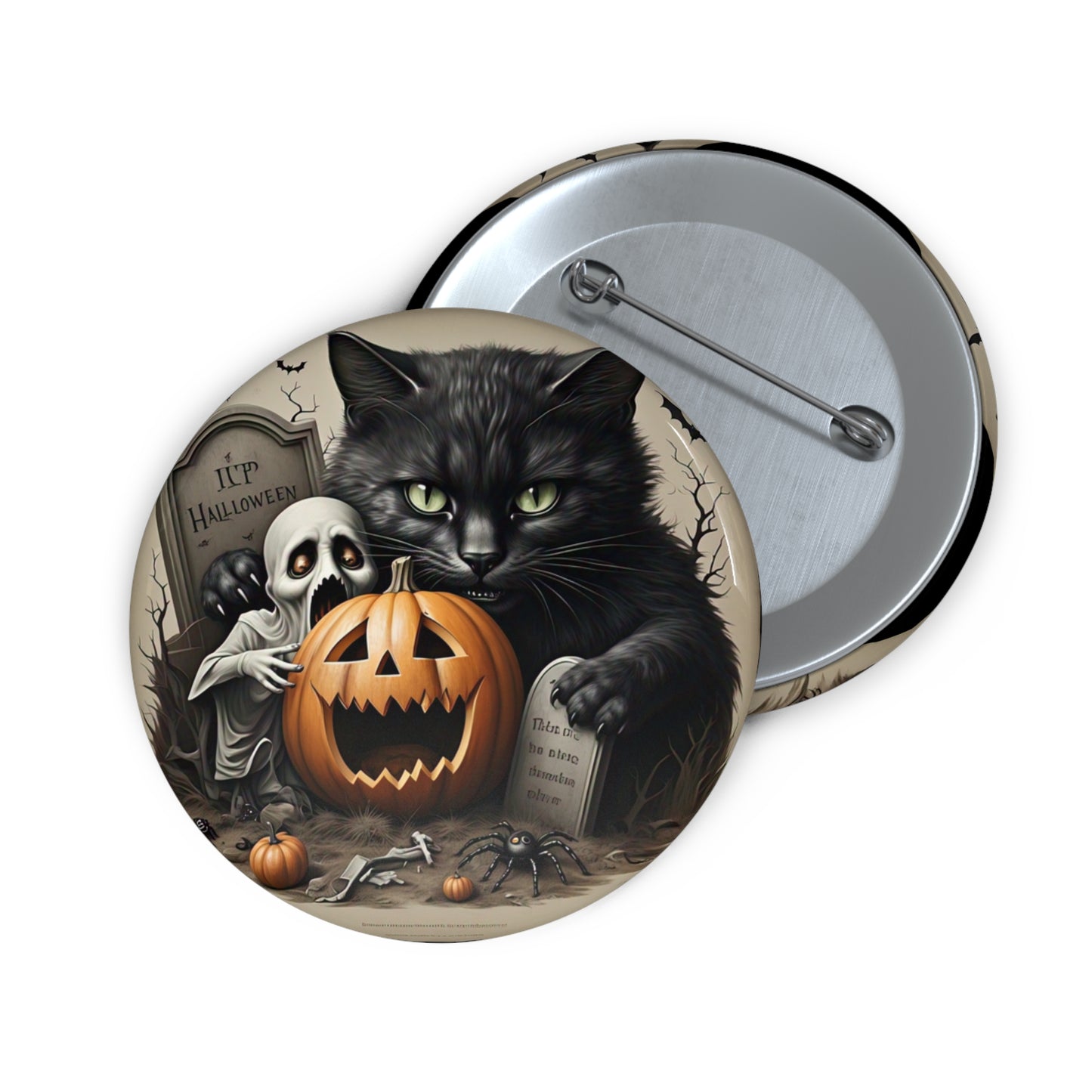 Haunted Halloween,Black Cat Pin Button,Ghost Brooch,Holiday Accessory,Spooky Pin