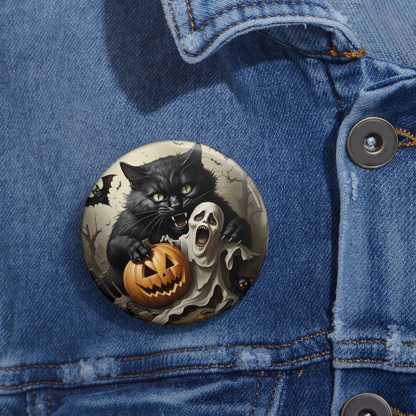 Scary Black Cat Pin Button,Spooky Brooch,Ghost,Bats,Grave,Halloween Gift,Haunted