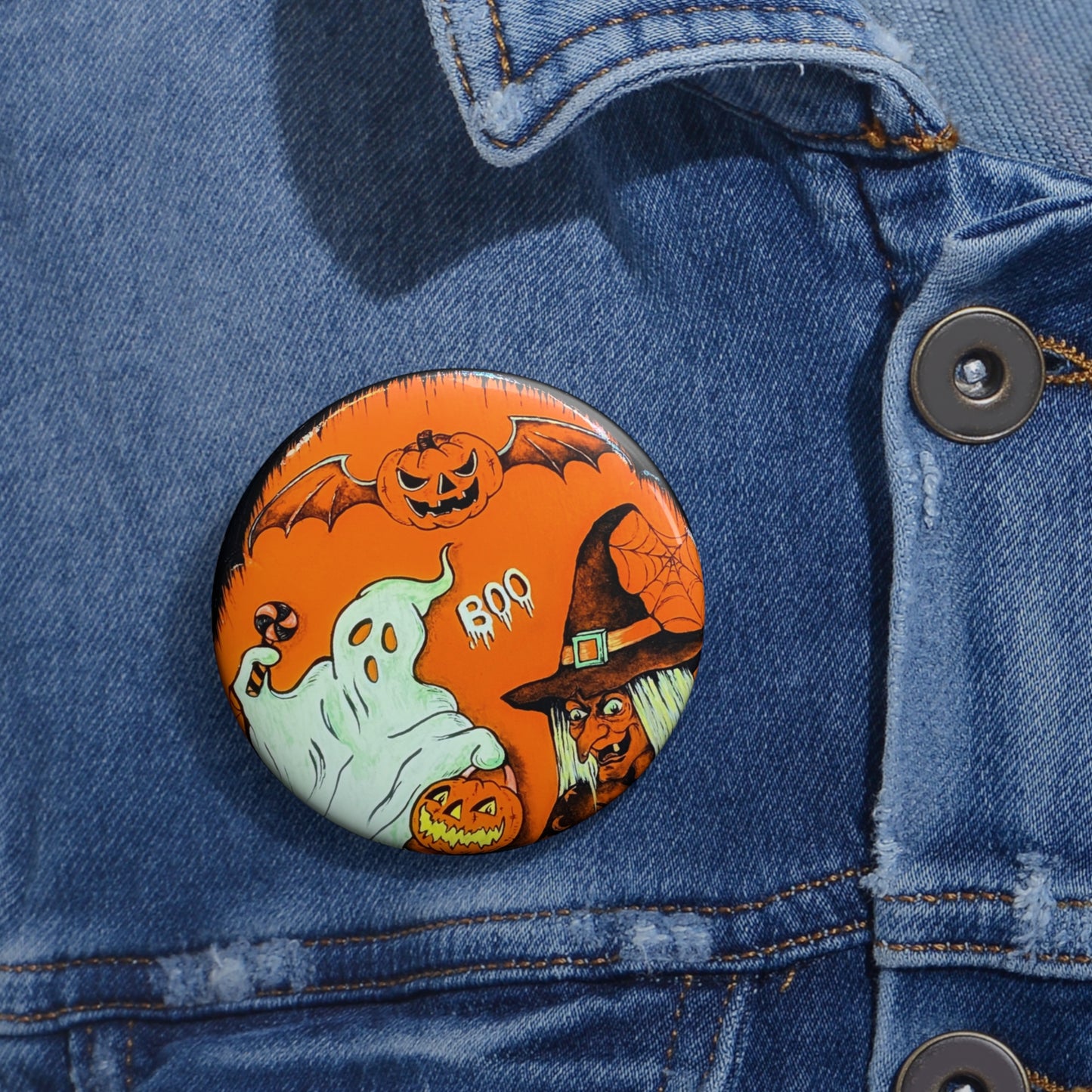 Classic Halloween Art,Pin Button,Spooky,Halloween collectible,Pumpkin,Witch,Boo