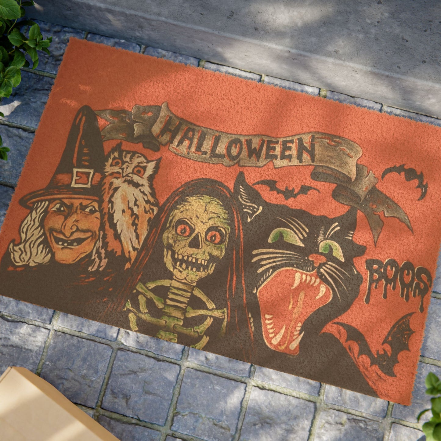 Halloween Vintage Doormat — Witch, Skeleton & Black Cat Welcome Mat