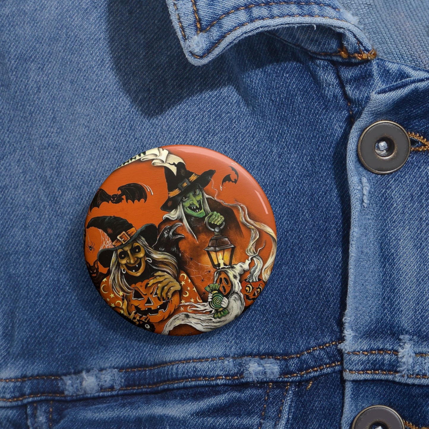 Vintage Halloween Art,Witch Pin Button,Halloween Badge,Spooky Gift,Haunted,Boo