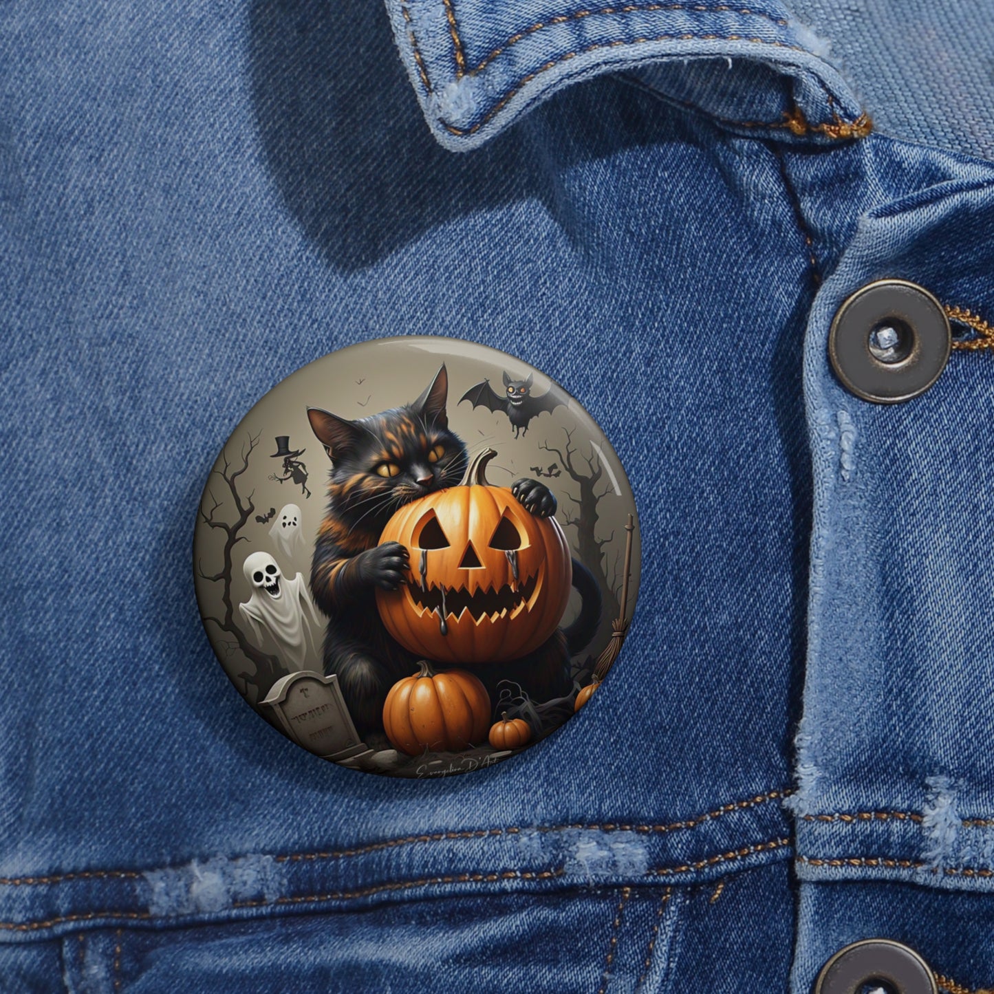Halloween Cat,Pin Button,Spooky Brooch,Holiday Gift,Accessories,Haunted,Pumpkin