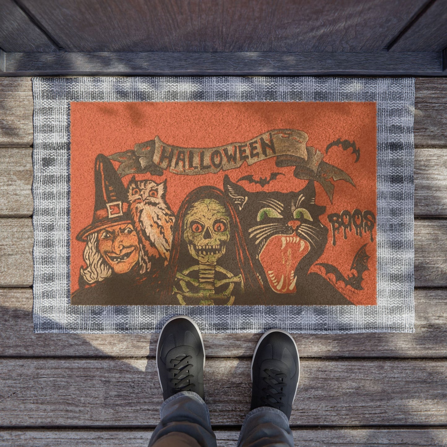 Halloween Vintage Doormat — Witch, Skeleton & Black Cat Welcome Mat