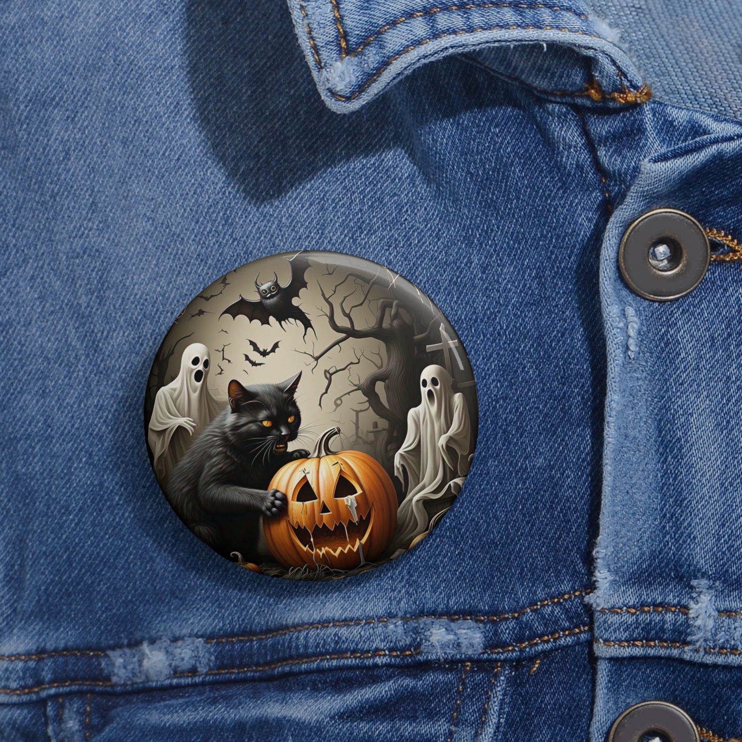 Halloween Black Cat Pin Button,Ghost,Pumpkin Brooch,Holiday Accessory,Spooky Pin