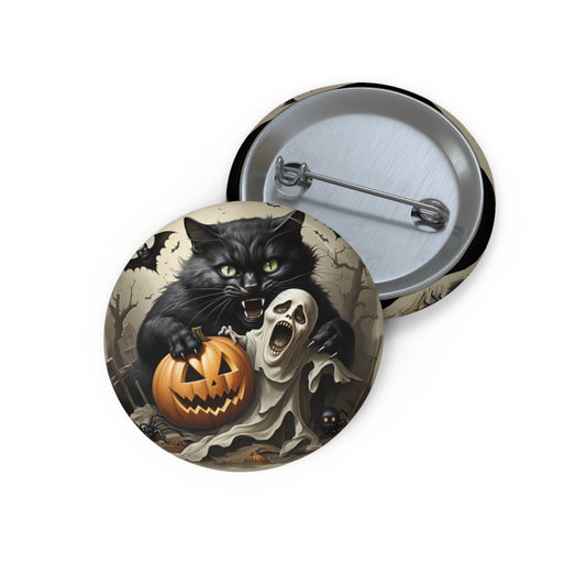Scary Black Cat Pin Button,Spooky Brooch,Ghost,Bats,Grave,Halloween Gift,Haunted