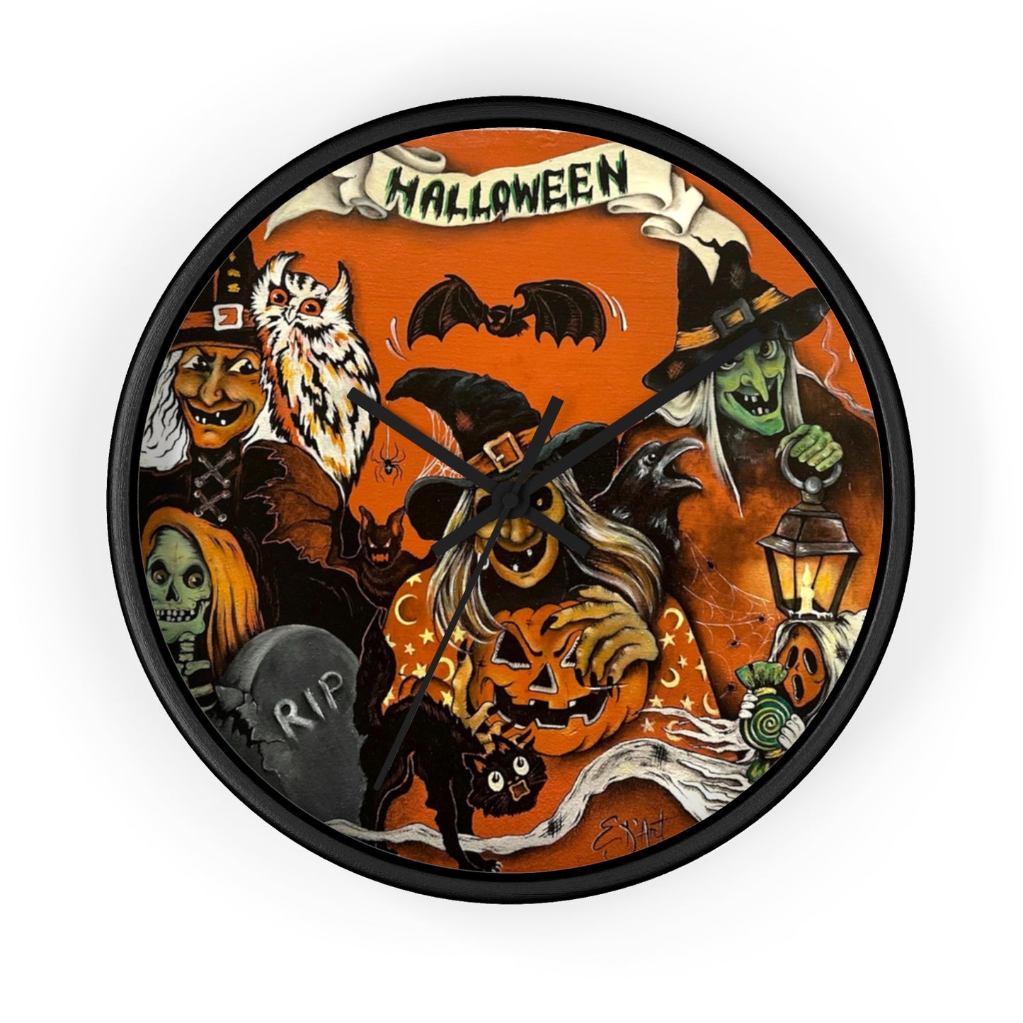 Halloween Wall Clock, Spooky Decor, Trick or Treat Timepiece, Witch, Pumpkin