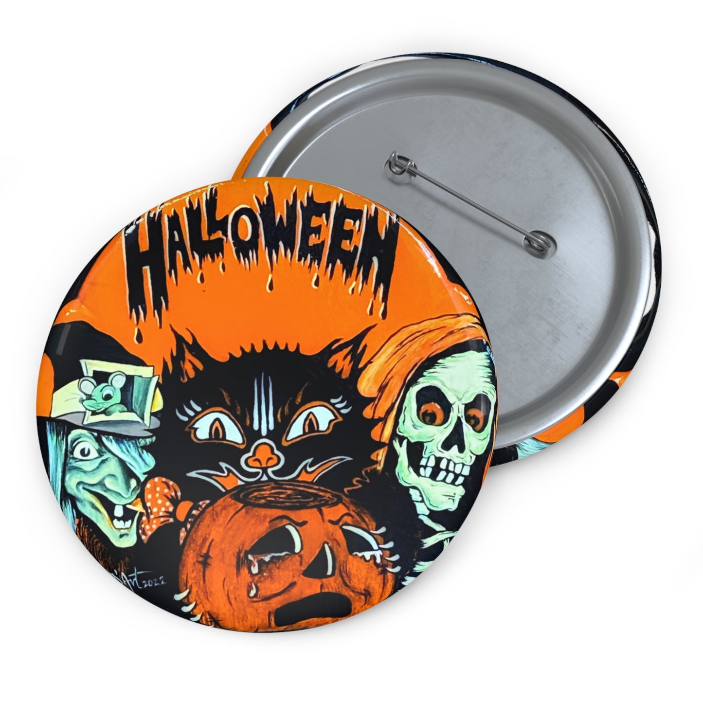 Vintage Halloween Pin Button,Black Cat Brooch,Spooky,Witch,Jack-o-lantern,Retro