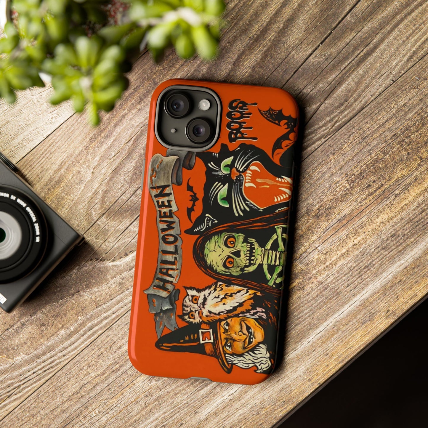 Vintage Halloween Phone Case,Tough Phone Cover,Spooky Accessory, Witch, Cat, Owl