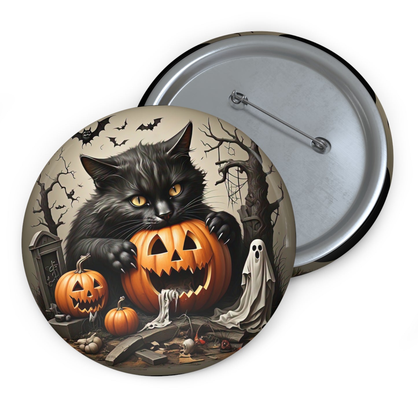 Halloween Pin Button,Black cat,Pumpkin,Trick or Treat,Halloween collectible, boo