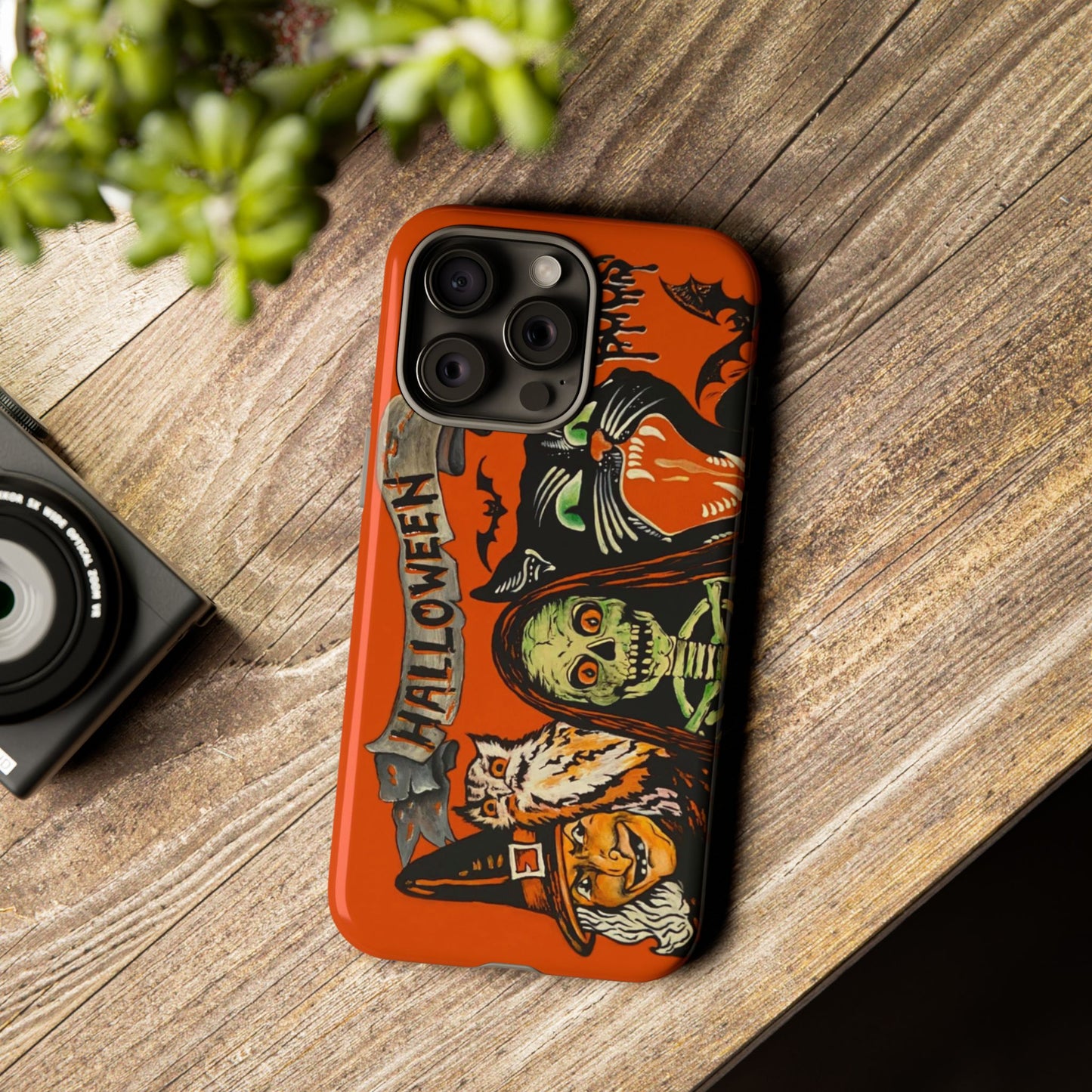 Vintage Halloween Phone Case,Tough Phone Cover,Spooky Accessory, Witch, Cat, Owl