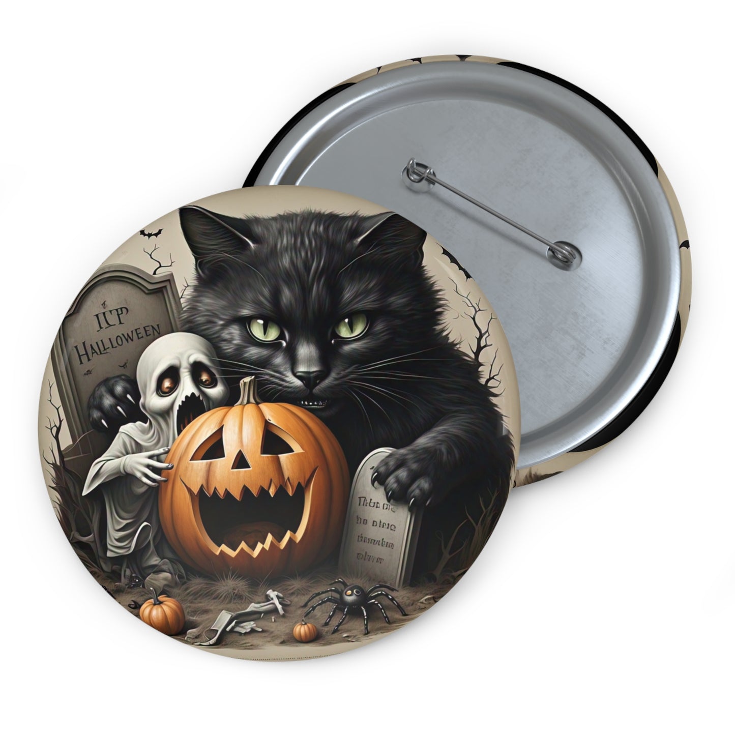 Haunted Halloween,Black Cat Pin Button,Ghost Brooch,Holiday Accessory,Spooky Pin