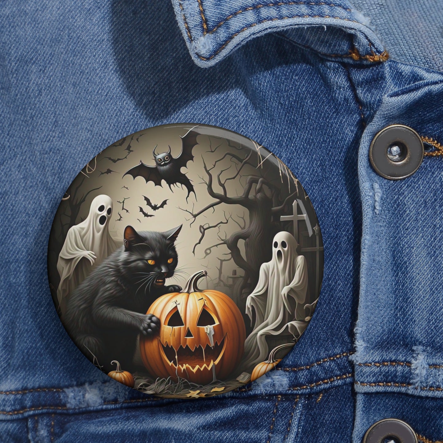 Halloween Black Cat Pin Button,Ghost,Pumpkin Brooch,Holiday Accessory,Spooky Pin