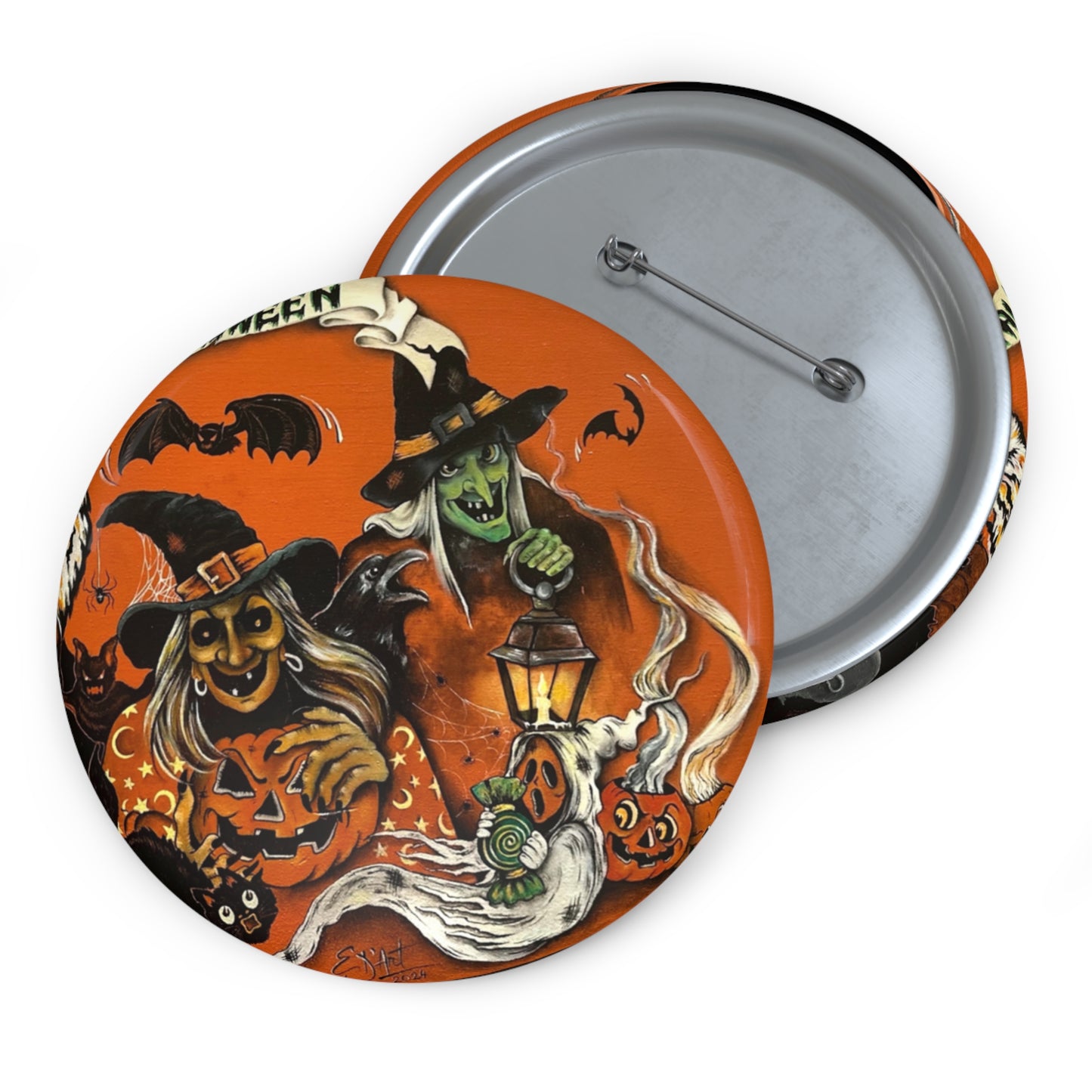 Vintage Halloween Art,Witch Pin Button,Halloween Badge,Spooky Gift,Haunted,Boo