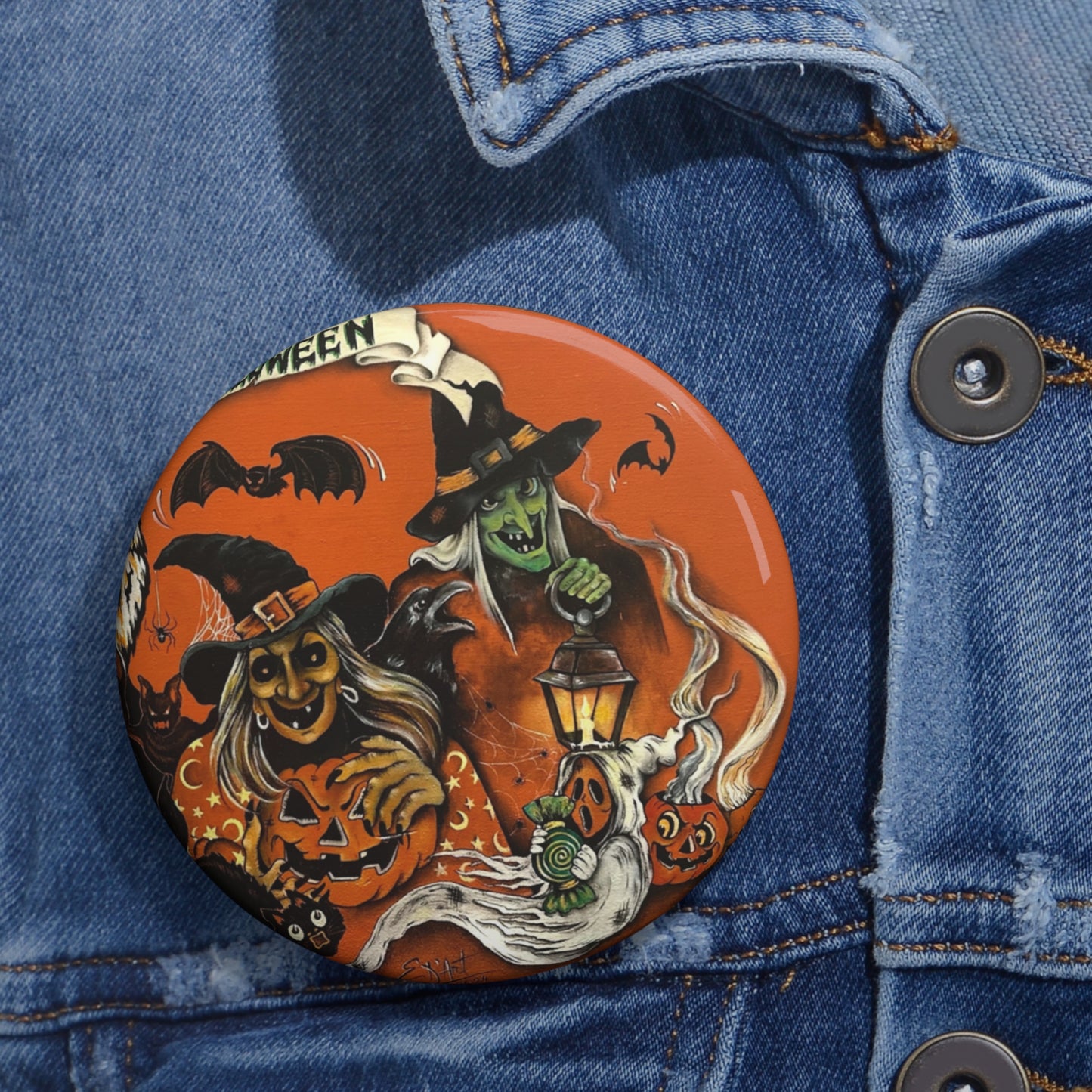 Vintage Halloween Art,Witch Pin Button,Halloween Badge,Spooky Gift,Haunted,Boo