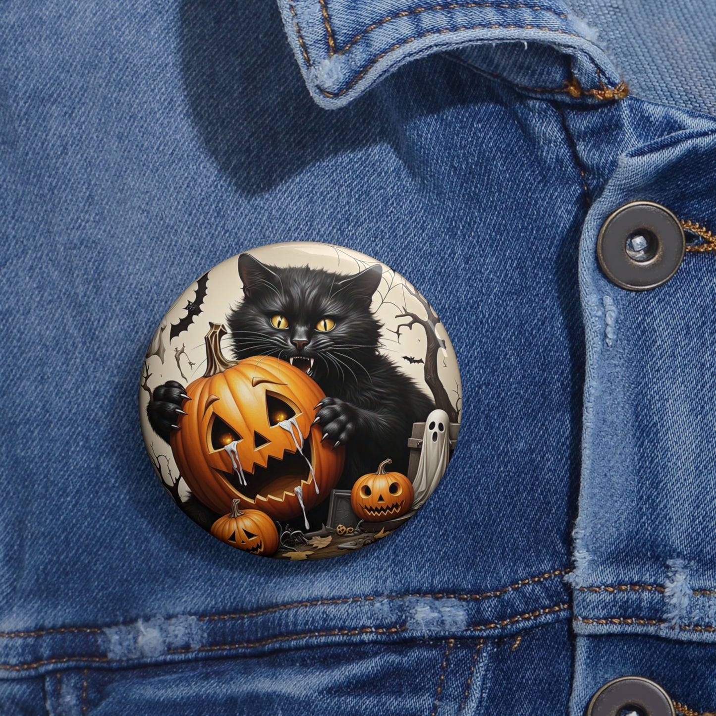 Jack-O-Lantern Pin Button,Black Cat Brooch,Halloween Accessory,Spooky Gift,Ghost