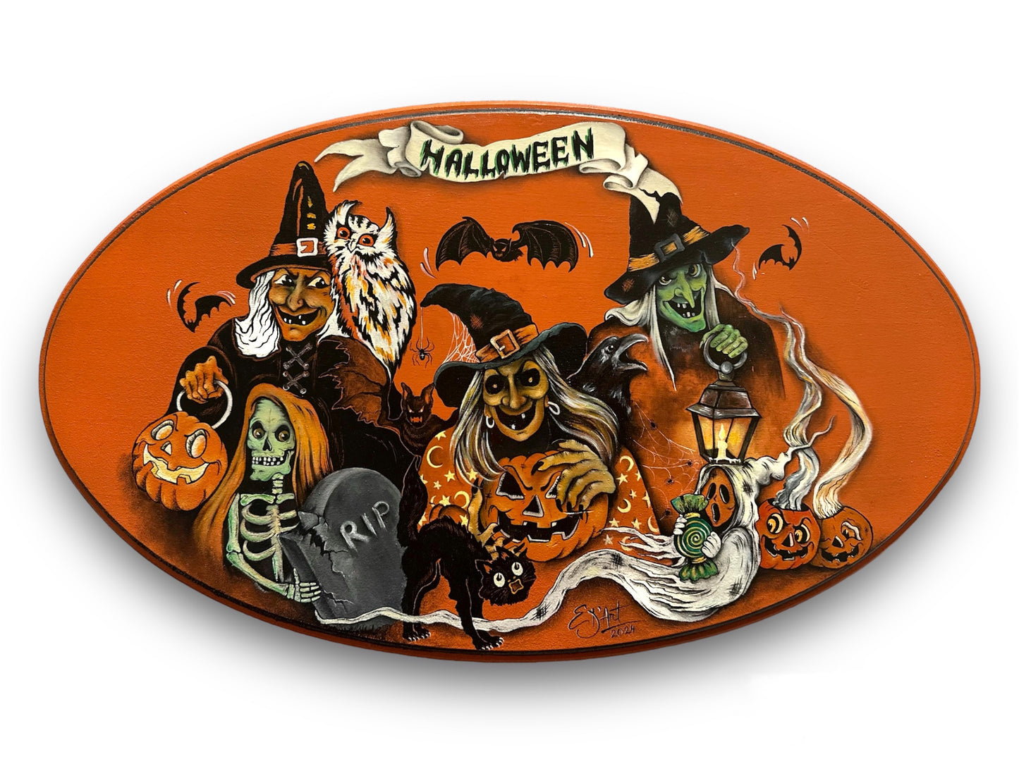 Unique Large Hand-Painted Vintage Halloween Wood Sign - 20"x12" Wall Art Decor