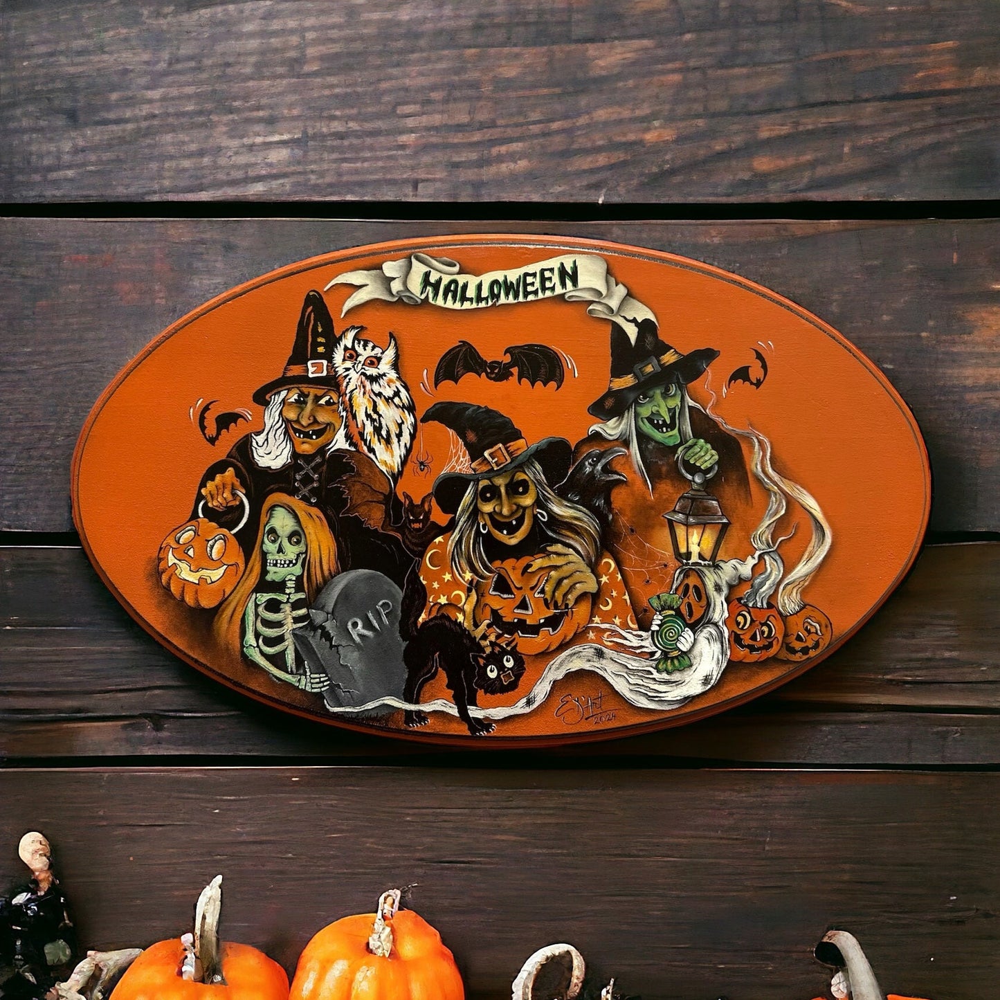 Unique Large Hand-Painted Vintage Halloween Wood Sign - 20"x12" Wall Art Decor